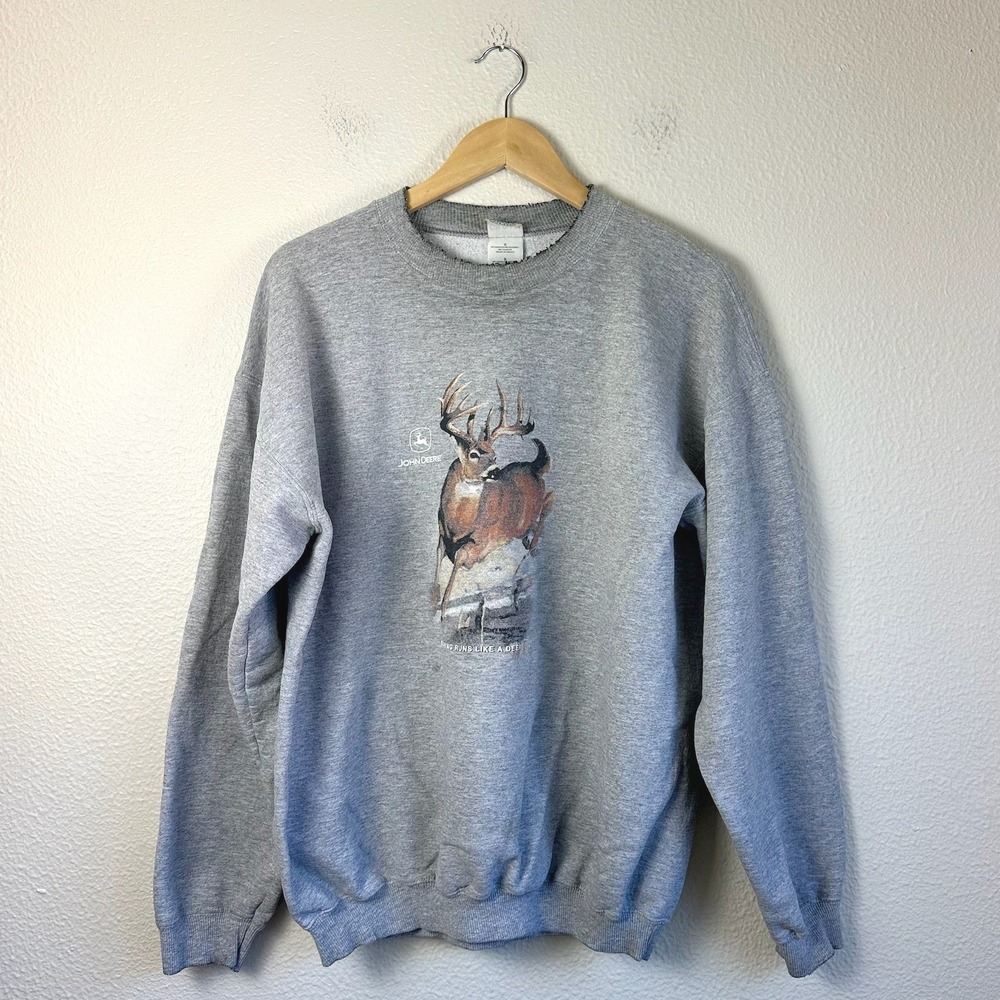 Vintage 90s John Deere Sweatshirt Mens L Gray Distressed Buck Graphic Pullover